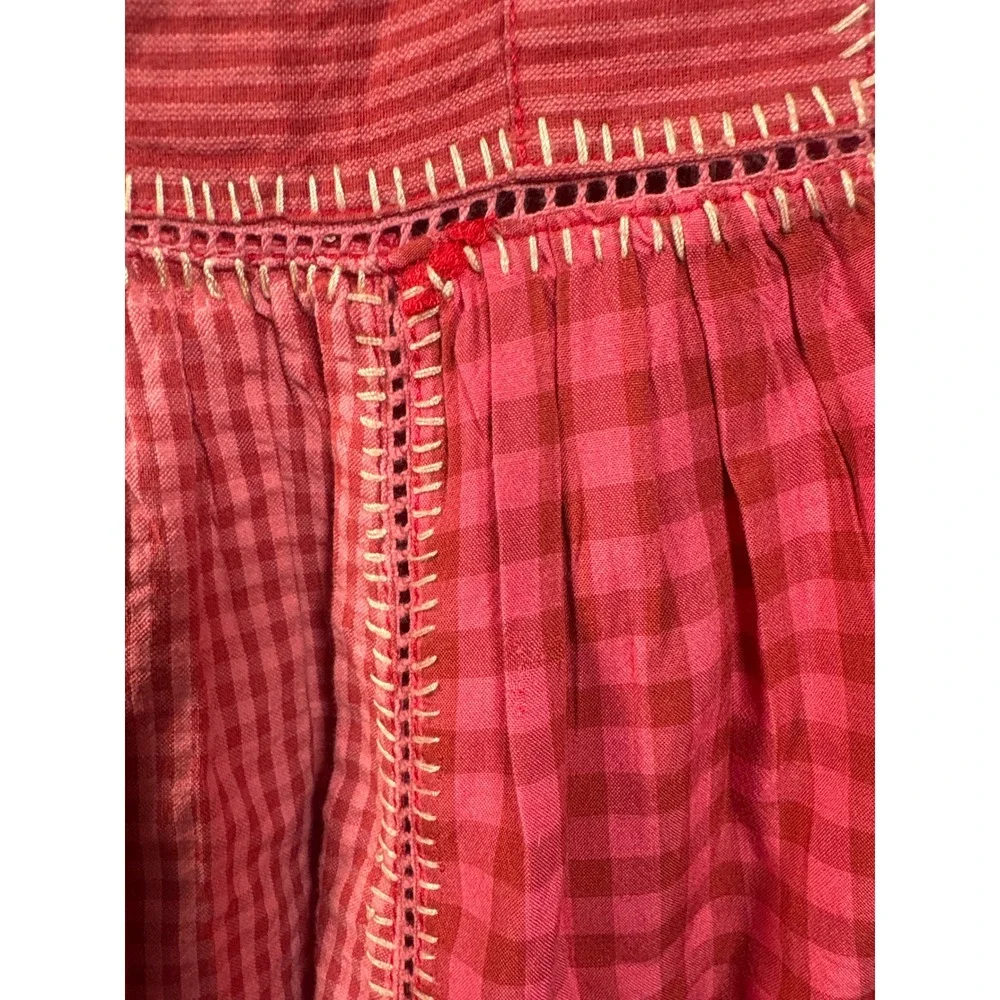 We The Free Free People Embroidered Boho Gingham Top Cotton Linen Blend M